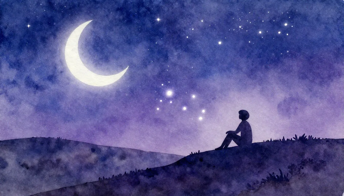 Watercolor style. A dreamy landscape with a starry night sky...