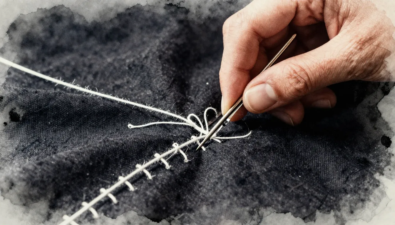 Watercolor style. Close-up of a dark fabric being sewn with ...