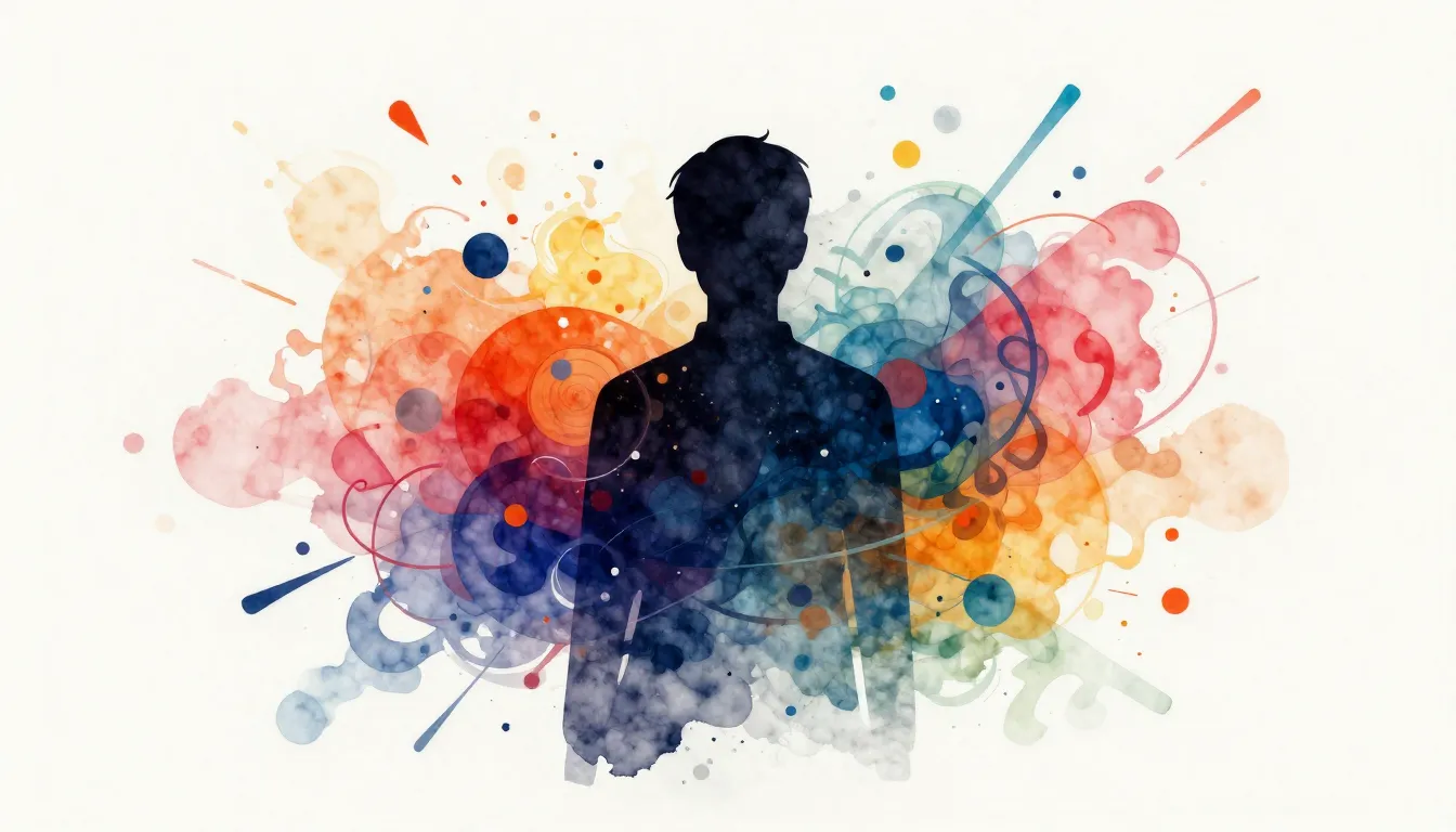 Watercolor style. Abstract silhouette of a person surrounded...
