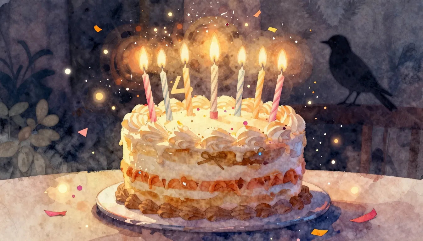 Watercolor style. A festive birthday cake with 47 candles, s...