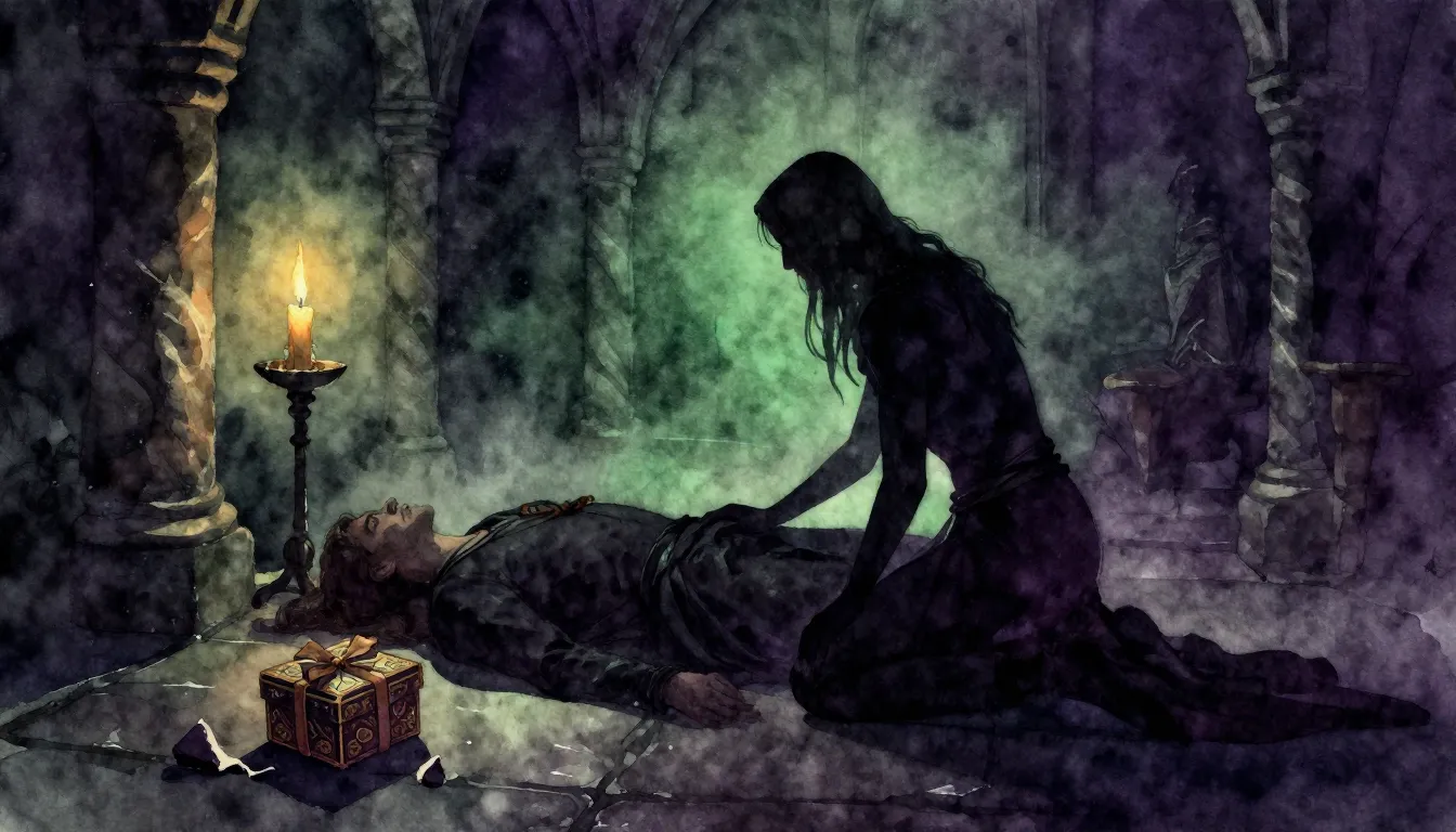 Watercolor style. A dark, moody medieval chamber with a sing...