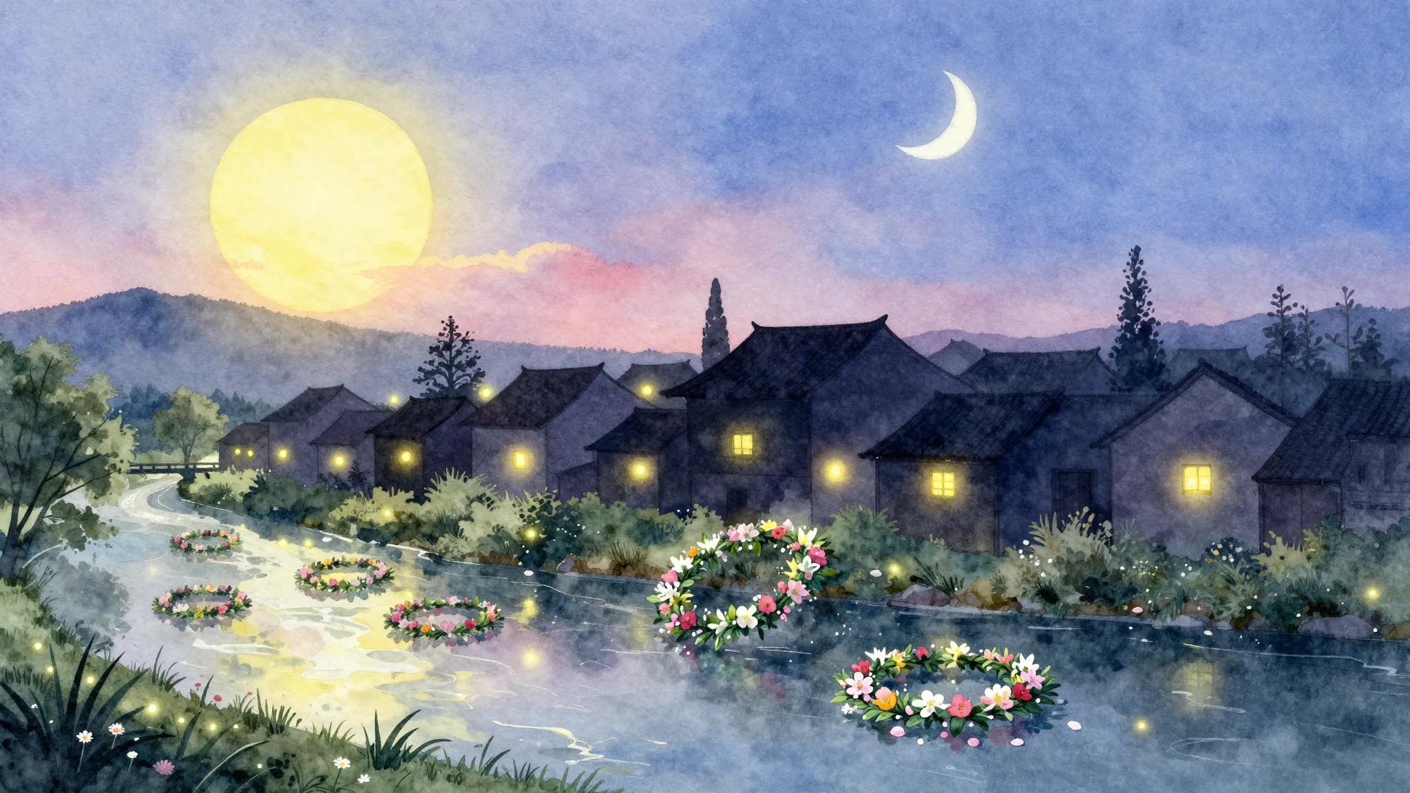 Watercolor style. Silhouette of a village, sun and moon in t...