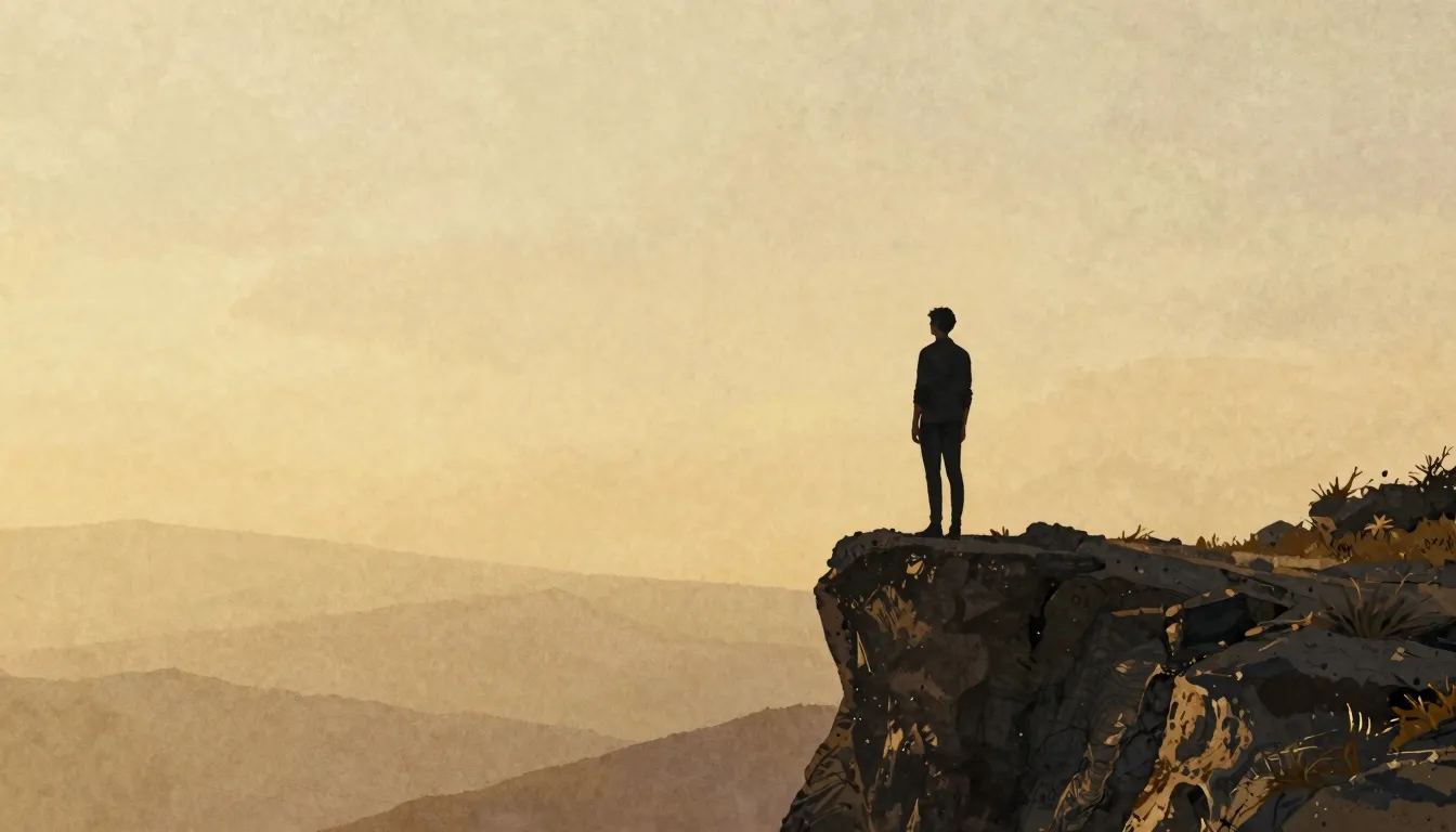 Watercolor style. A silhouette of a person standing on a cli...