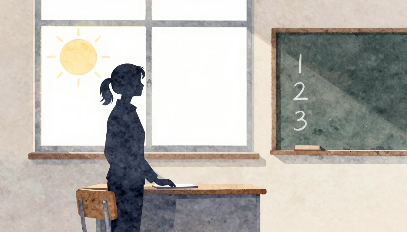 Watercolor style. A silhouette of a teacher standing at a de...