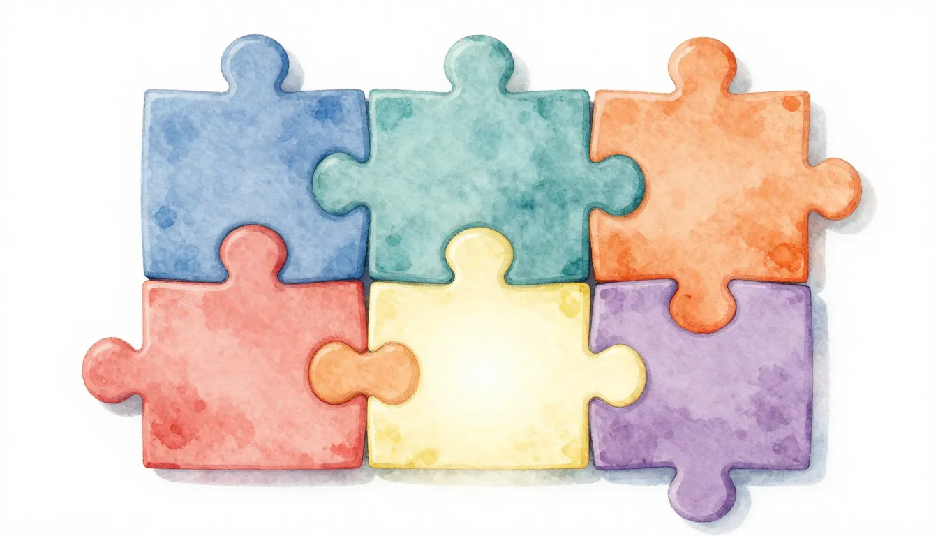 Watercolor style. A group of colorful abstract puzzle pieces...