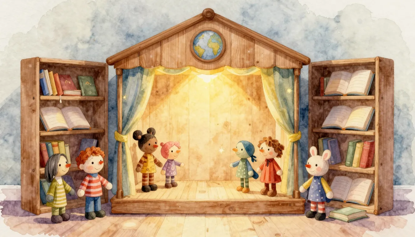 Watercolor style. A cozy children's library corner with a sm...