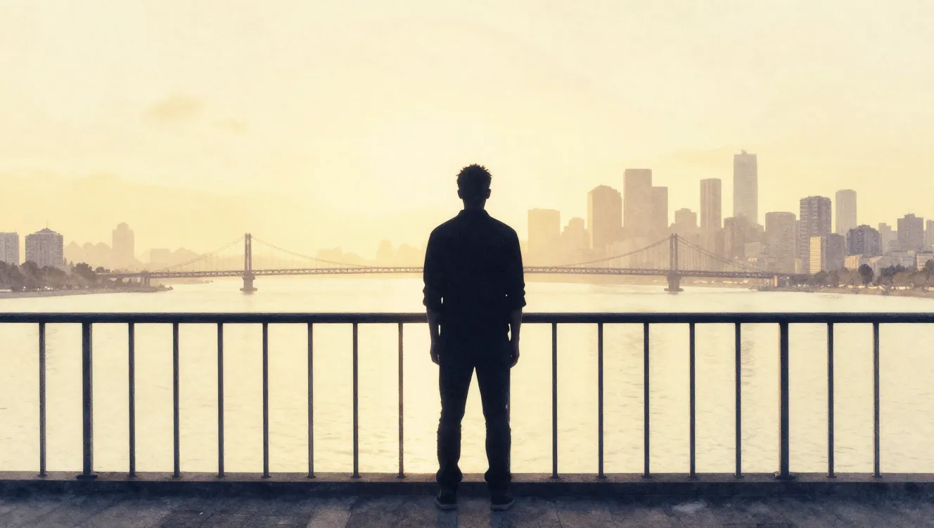 Watercolor style. A silhouette of a man standing on a high b...