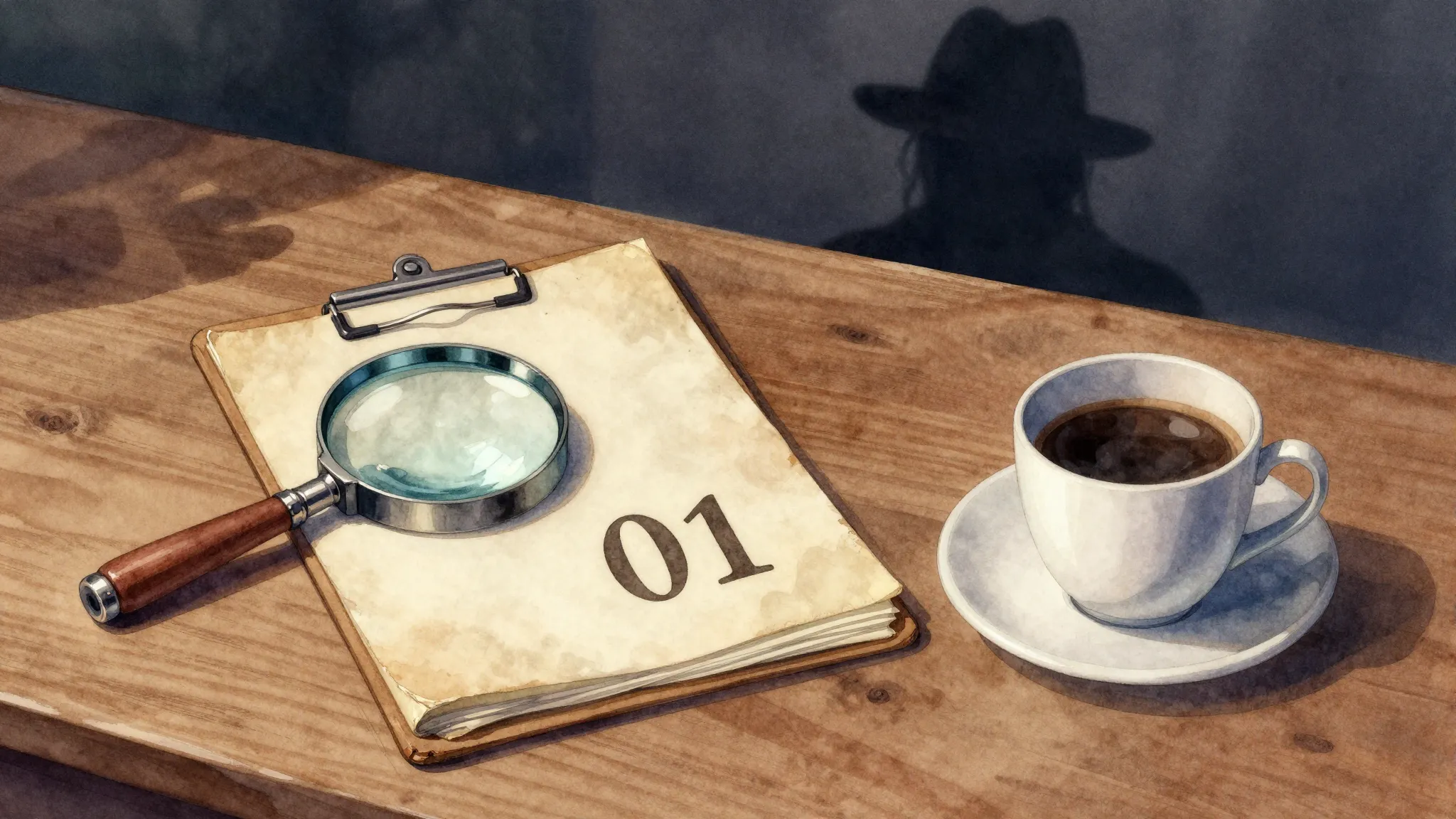 Watercolor style. A wooden desk with a magnifying glass, an ...