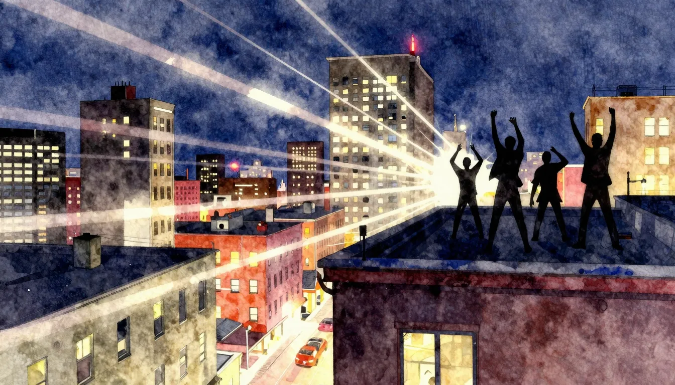 Vibrant watercolor style. Rap album cover. Urban landscape, ...