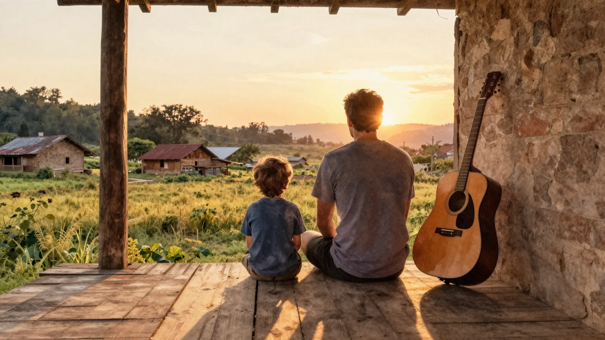 Watercolor style. Silhouette of a father and son sitting on ...