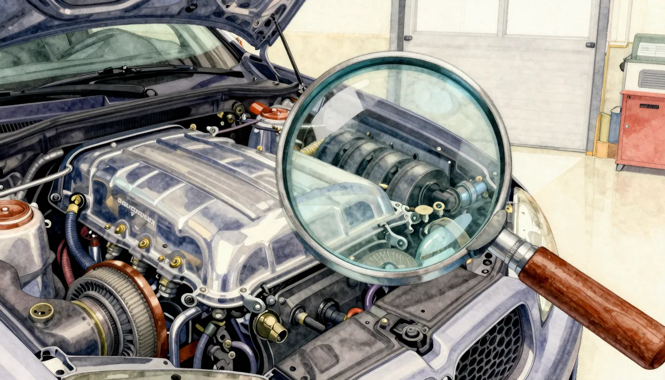 Watercolor style. A magnifying glass focusing on a shiny car...