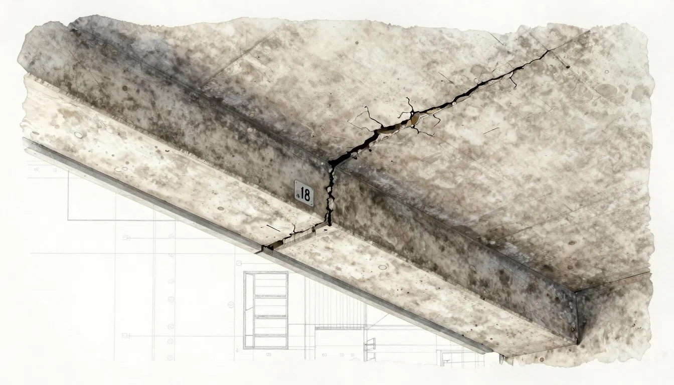 Watercolor style. Close-up of a cracked concrete ceiling str...