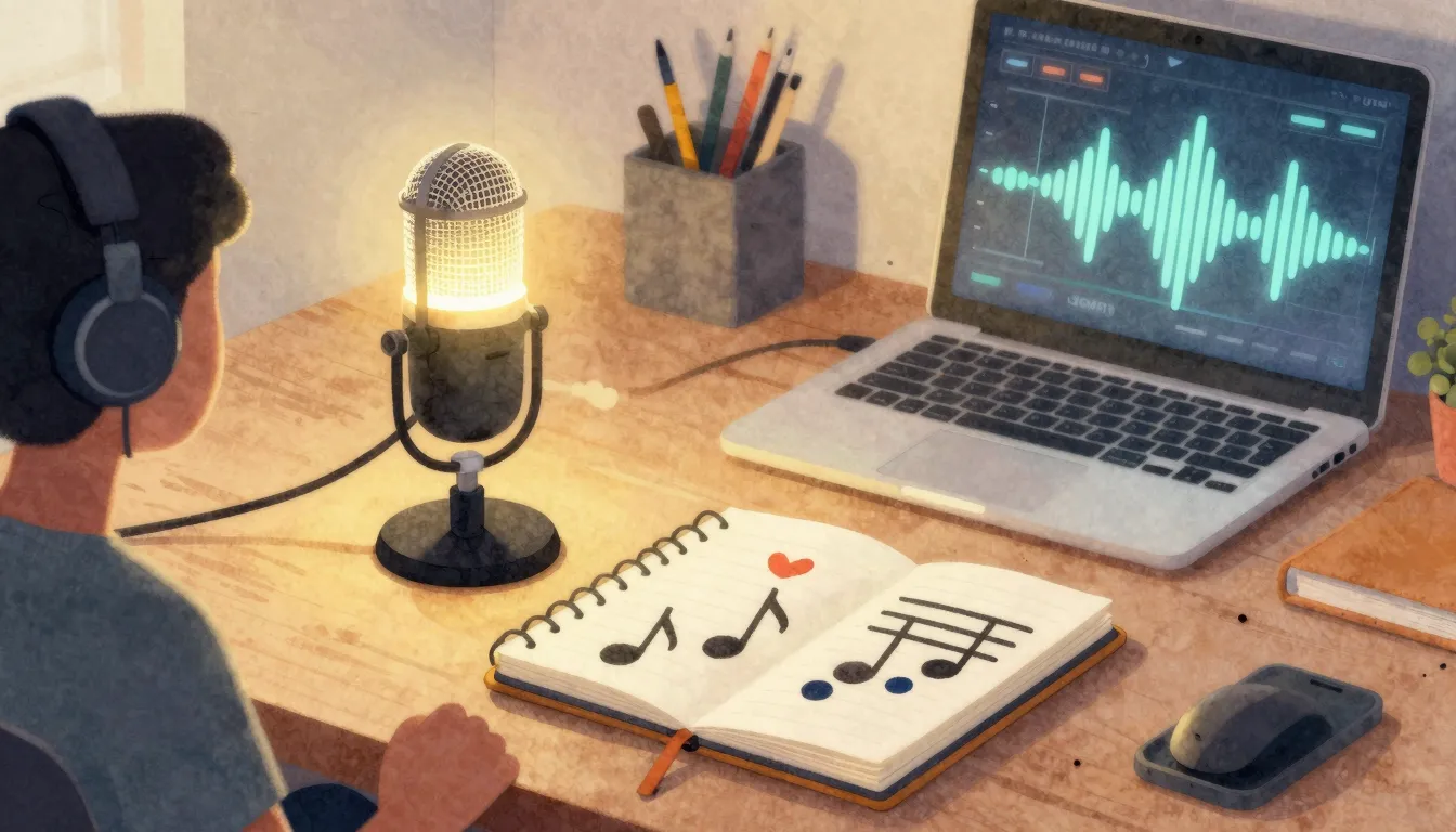 Watercolor style. A cozy creative workspace with a glowing m...