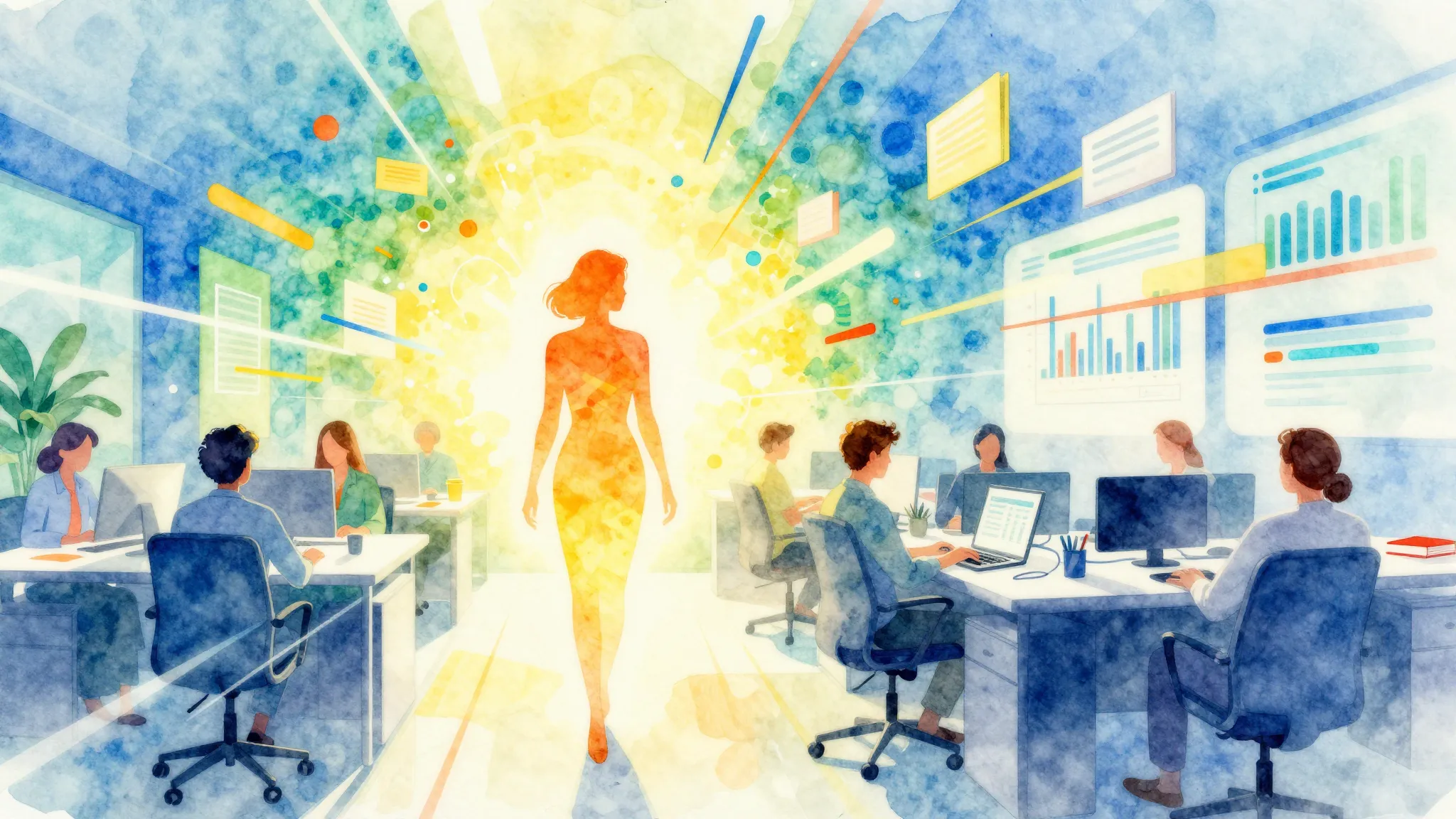 Vibrant watercolor style. Bright, energetic, abstract office...