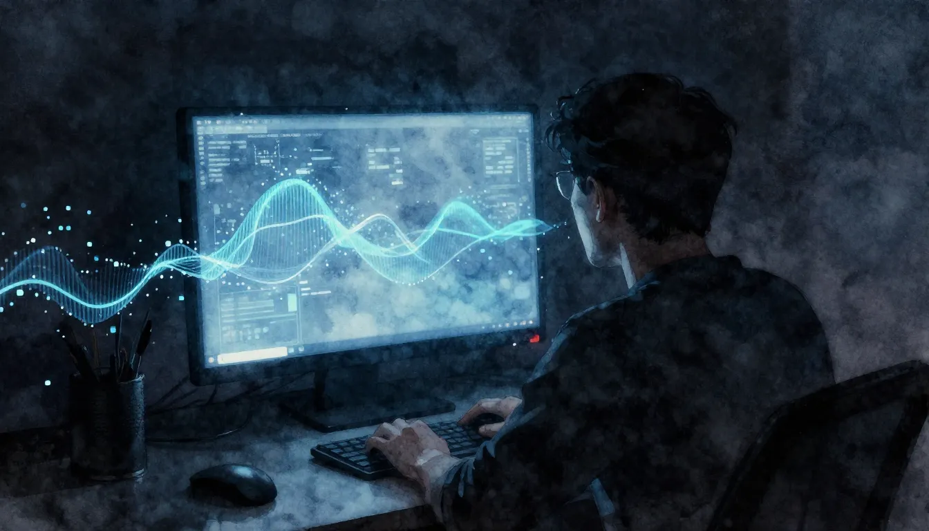 Watercolor style. A dark room with a glowing computer screen...