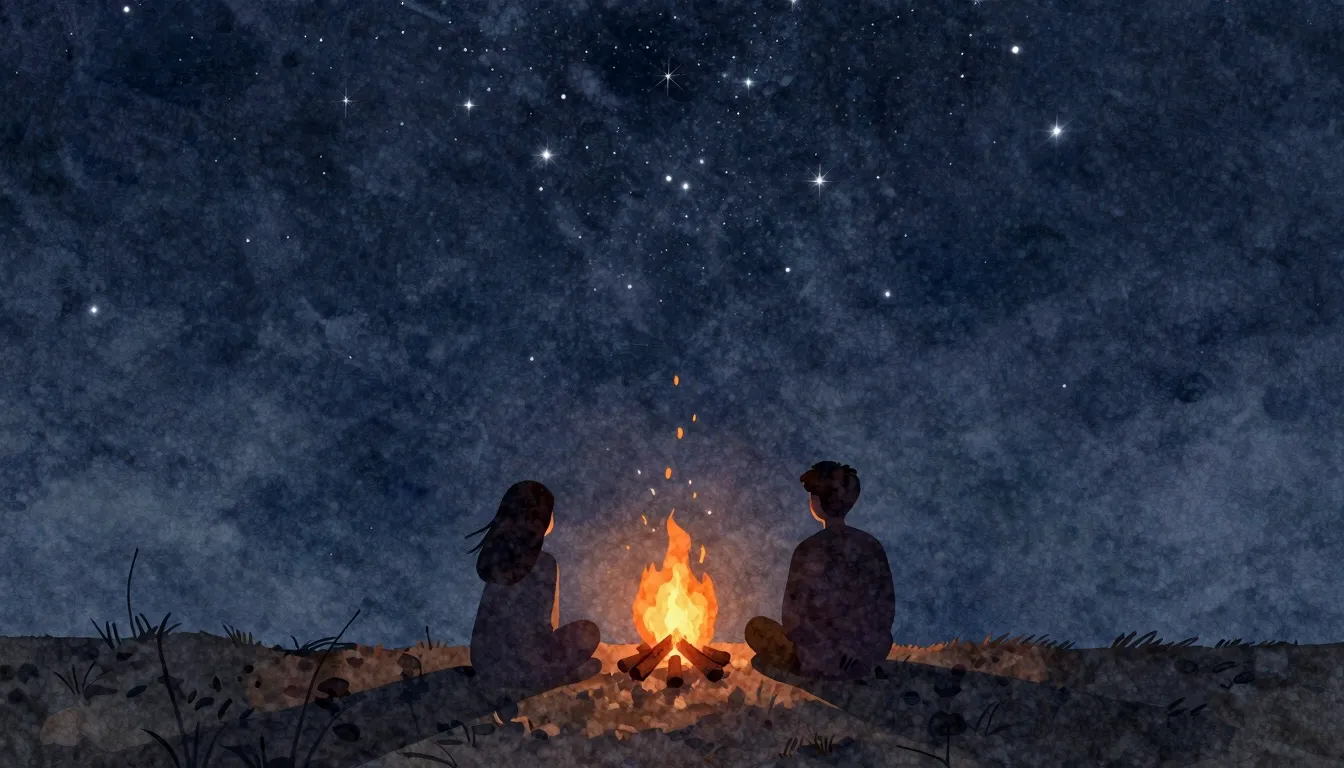 Watercolor style. Silhouettes of a couple sitting by a glowi...