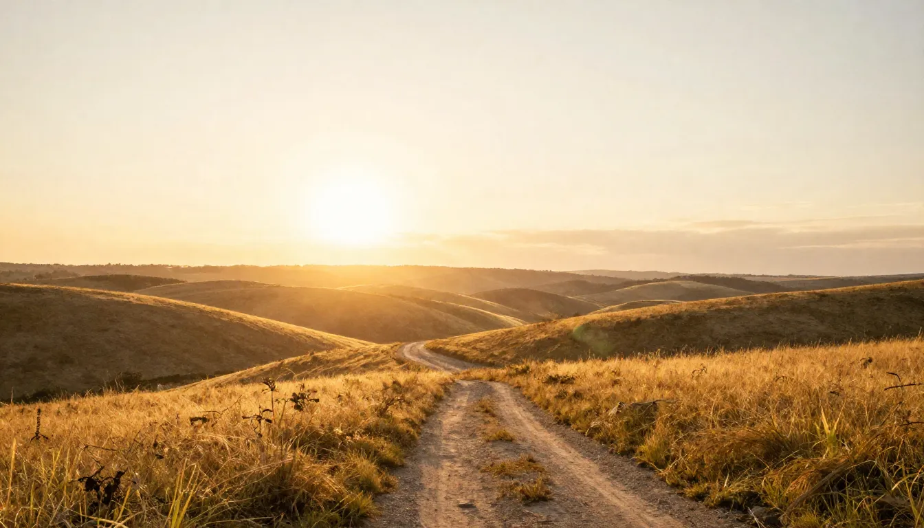 Watercolor style. A serene landscape with a golden sunrise o...