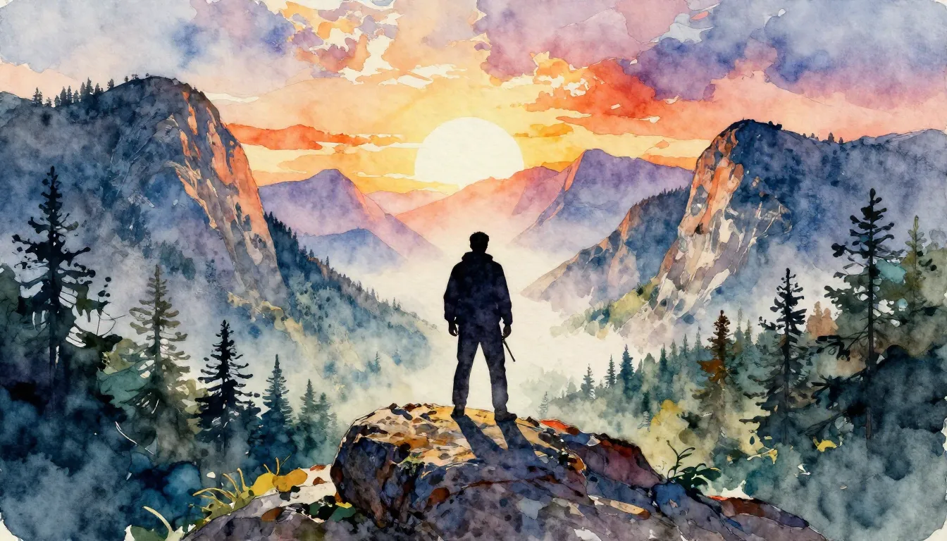 Vibrant watercolor style. Rock album cover: majestic mountai...