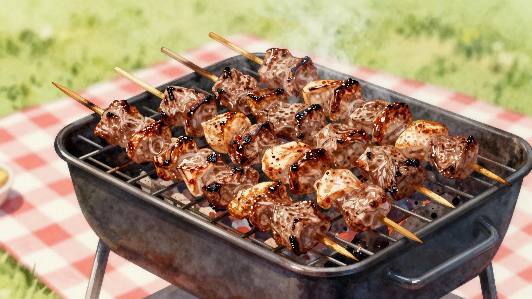Vibrant watercolor style. Barbecue skewers, juicy grilled me...