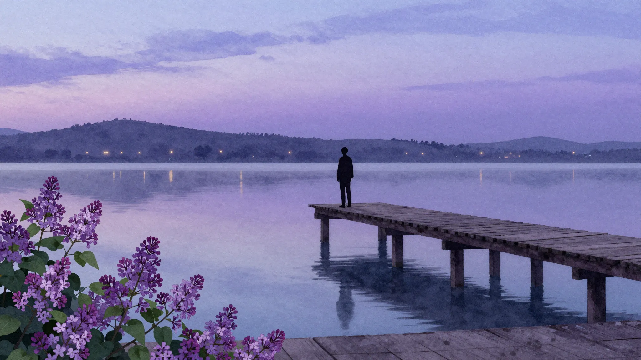 Watercolor style. Silhouette of a lonely figure on a wooden ...
