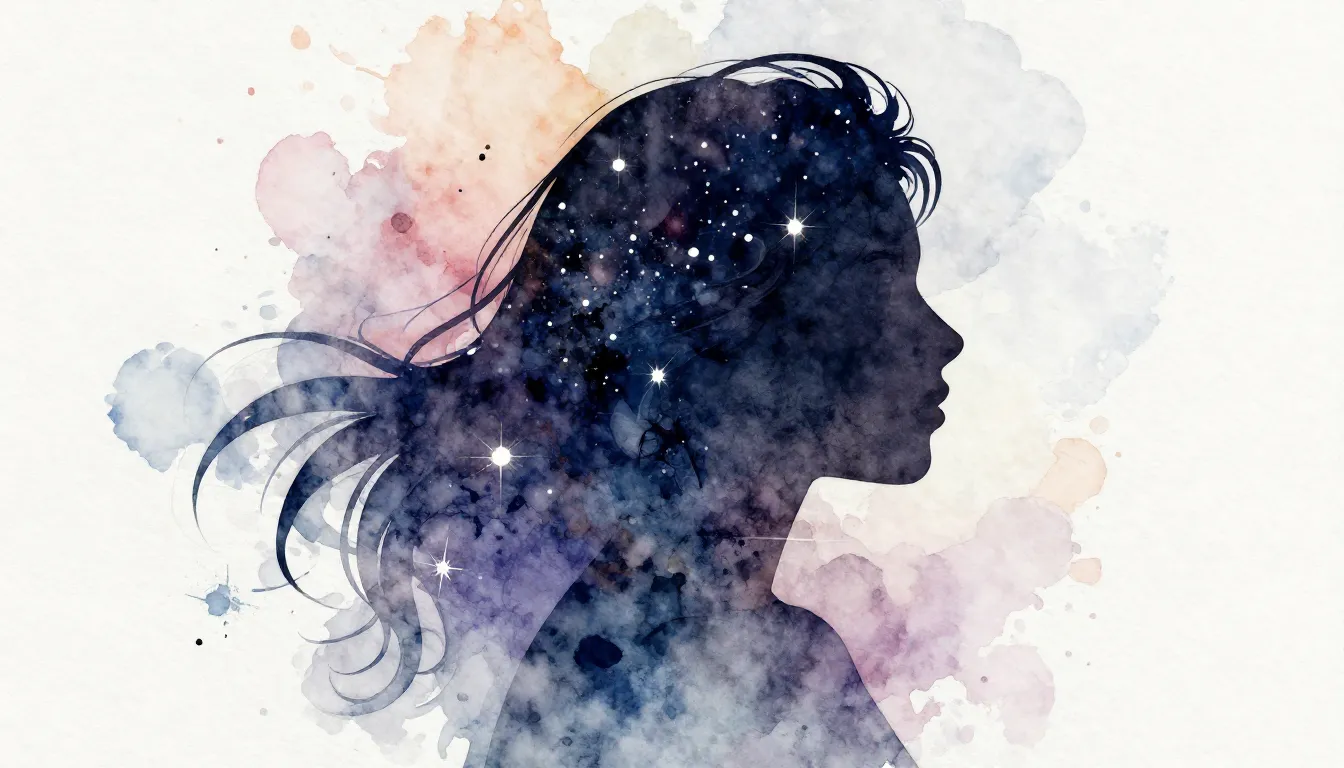 Watercolor style. Silhouette of a woman's head profile with ...