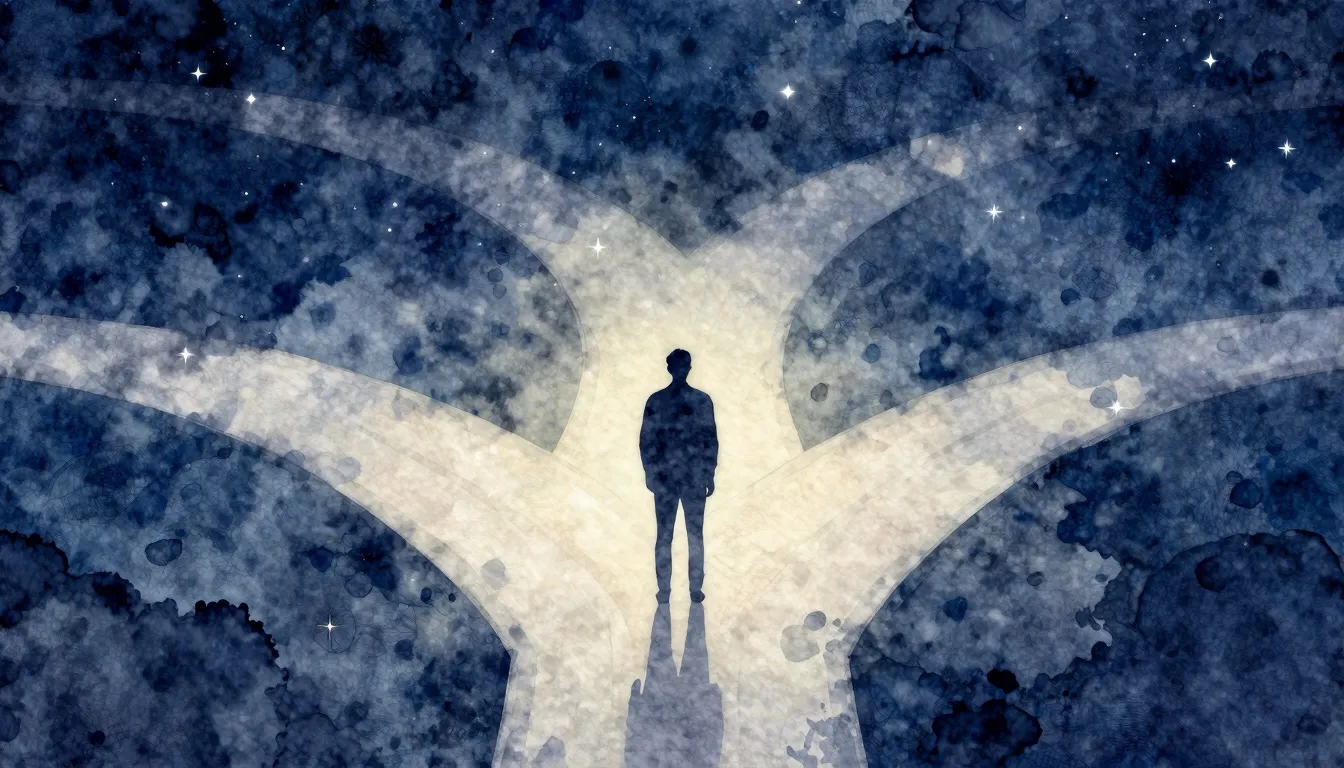 Watercolor style. A silhouette of a person standing at a cro...