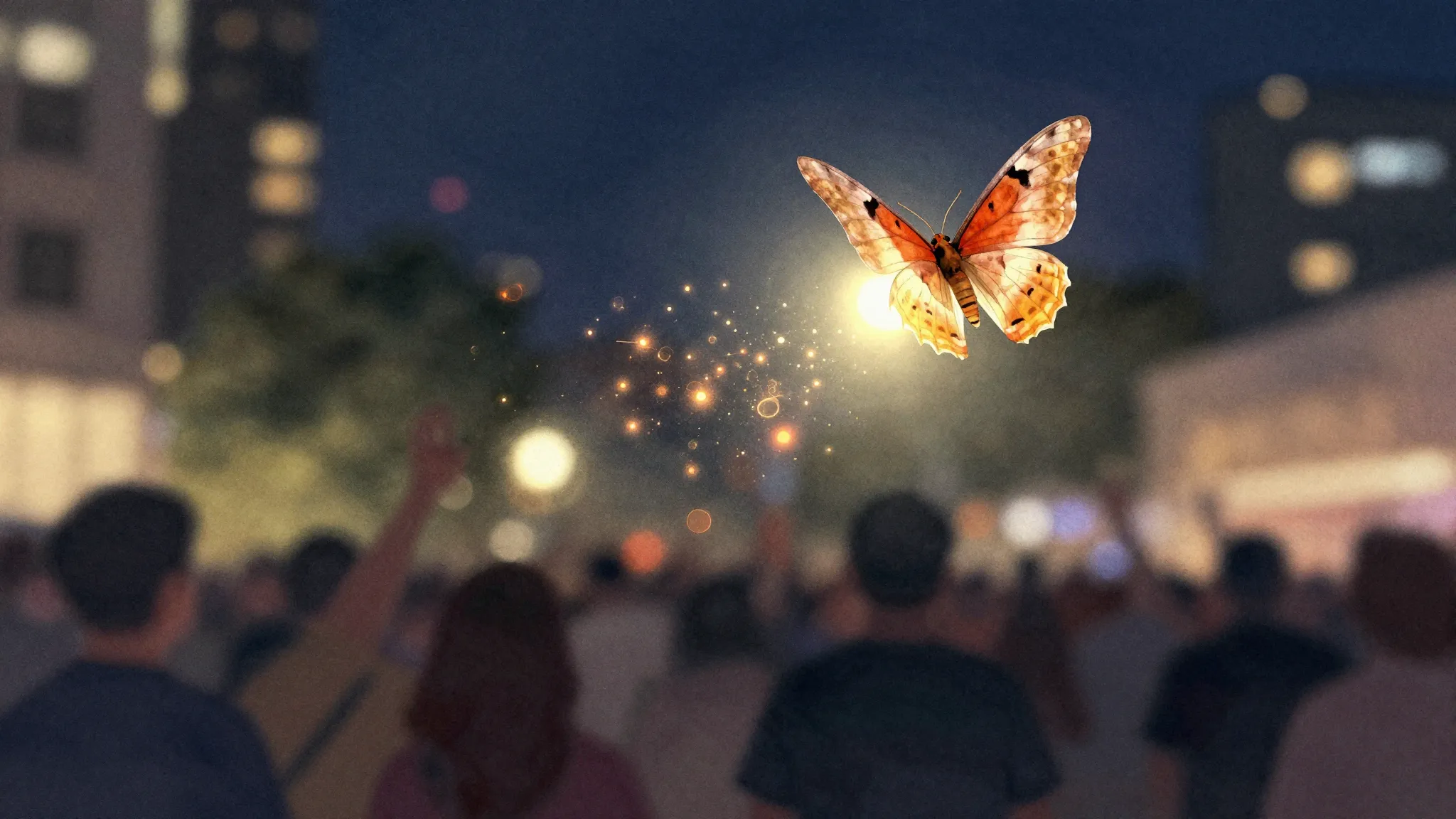 Vibrant watercolor style. A lone moth flying towards a brigh...