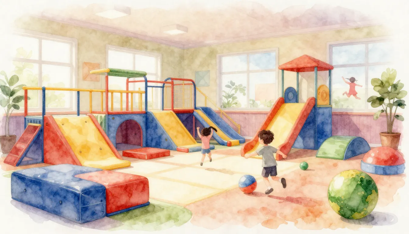 Watercolor style. Bright indoor playground with colorful spo...
