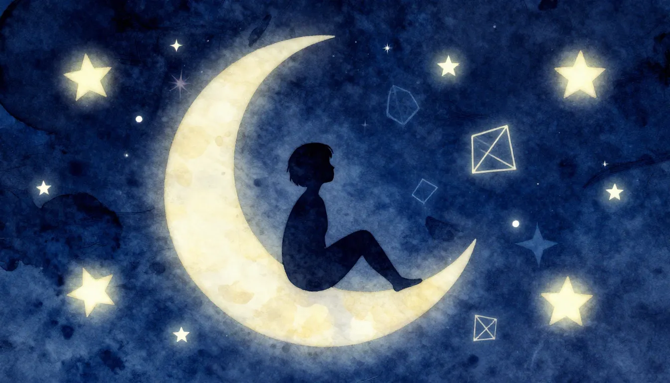 Watercolor style. A silhouette of a person sitting on a cres...