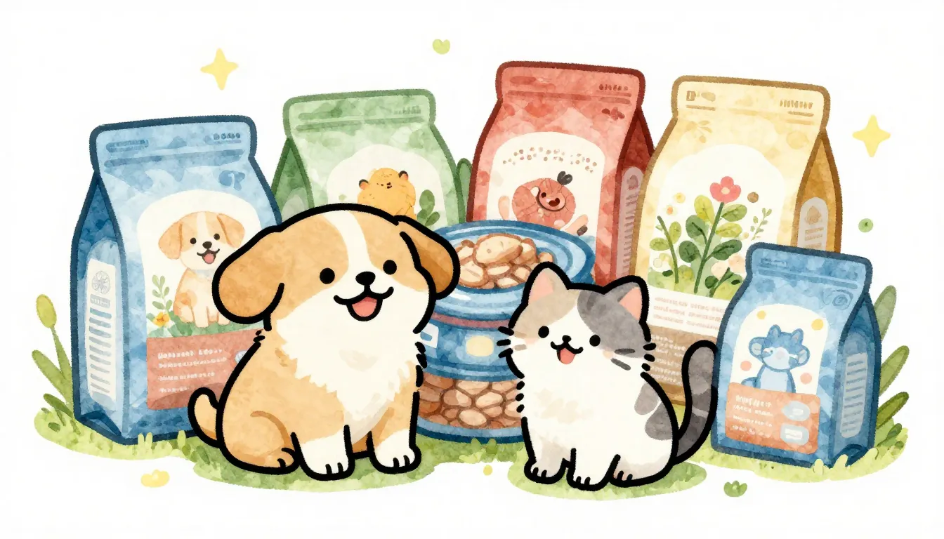 Watercolor style. A cute cartoon dog and cat sitting next to...