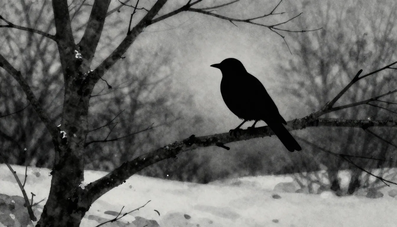 Watercolor style. Silhouette of a bird on a bare tree branch...