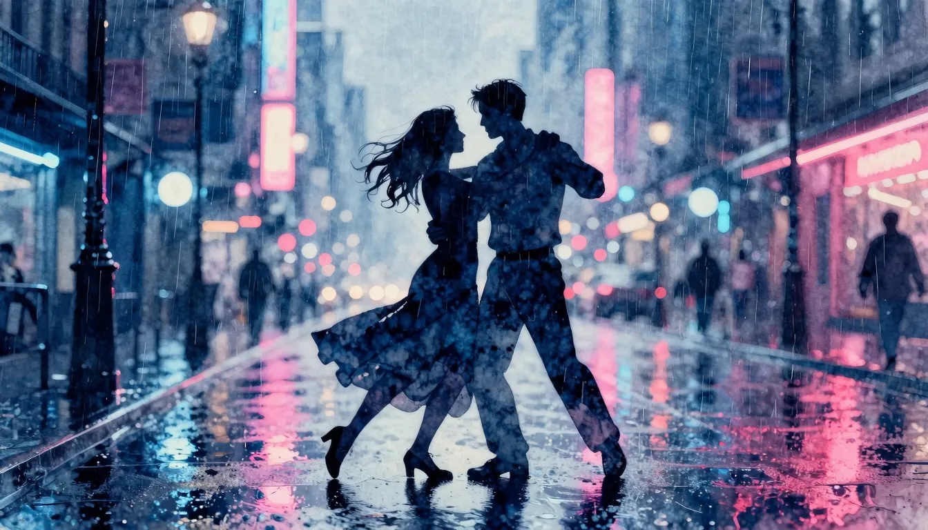 Watercolor style. A silhouette of a couple dancing in a neon...