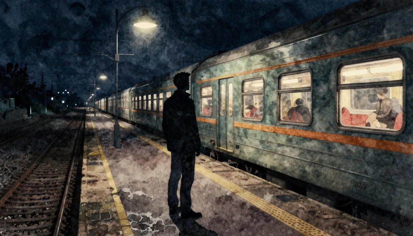 Watercolor style. A silhouette of a man stands on a train pl...