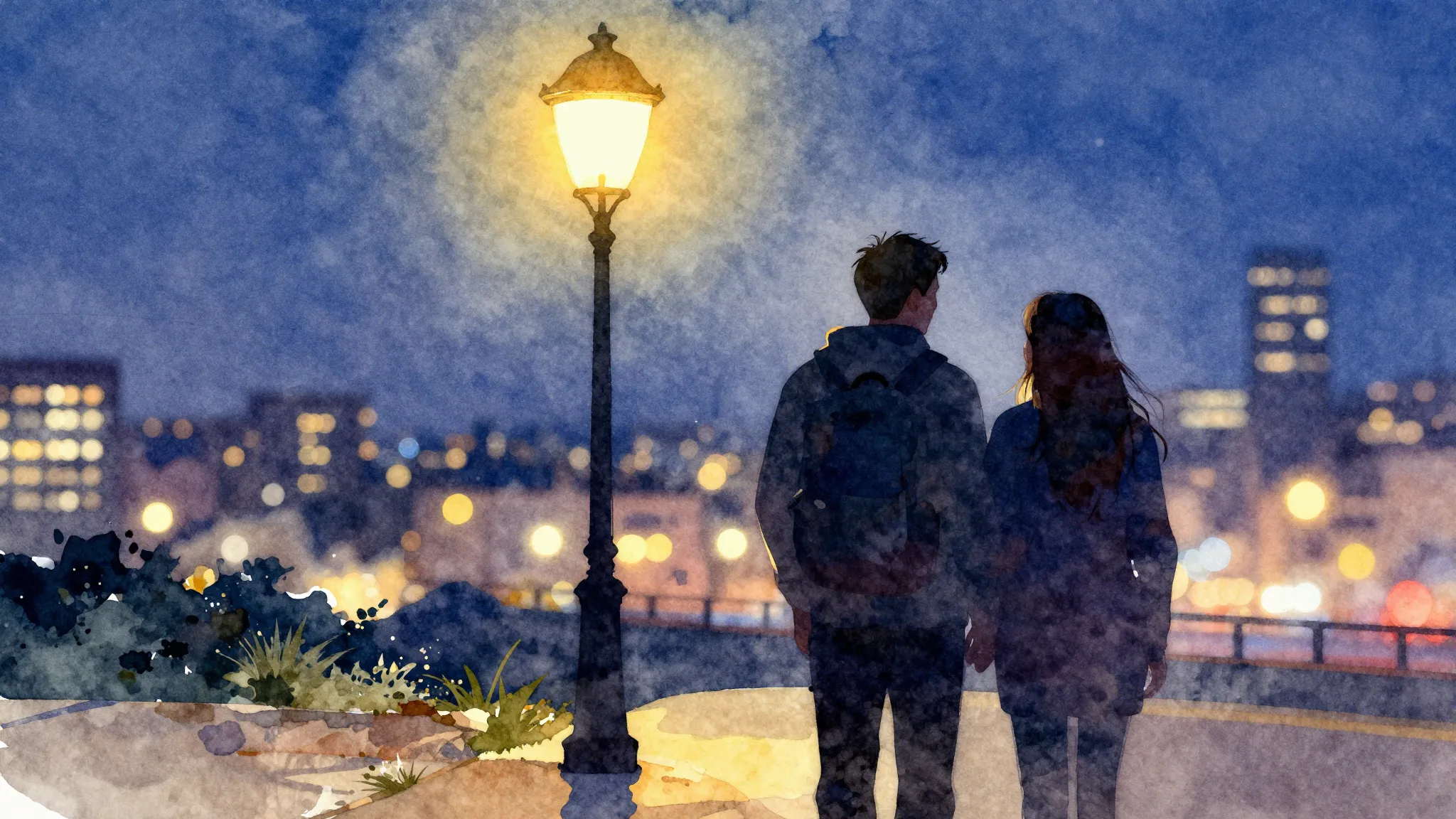Vibrant watercolor style. A couple's silhouettes under a str...