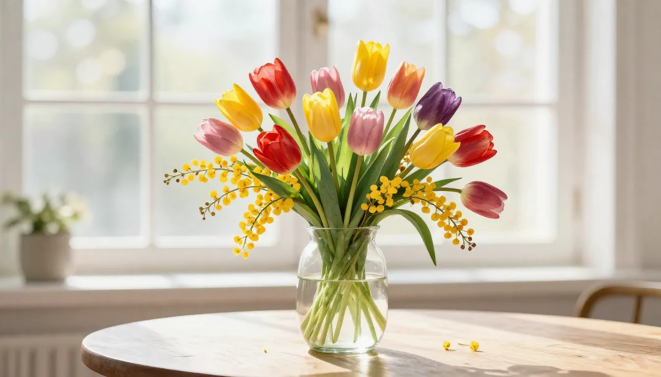 Watercolor style. Vibrant spring bouquet of tulips and mimos...