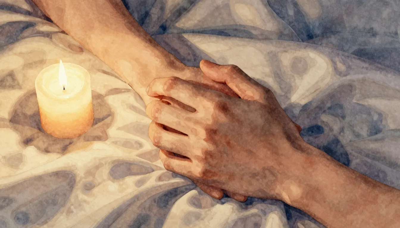 Watercolor style. Close-up of two hands intertwined against ...