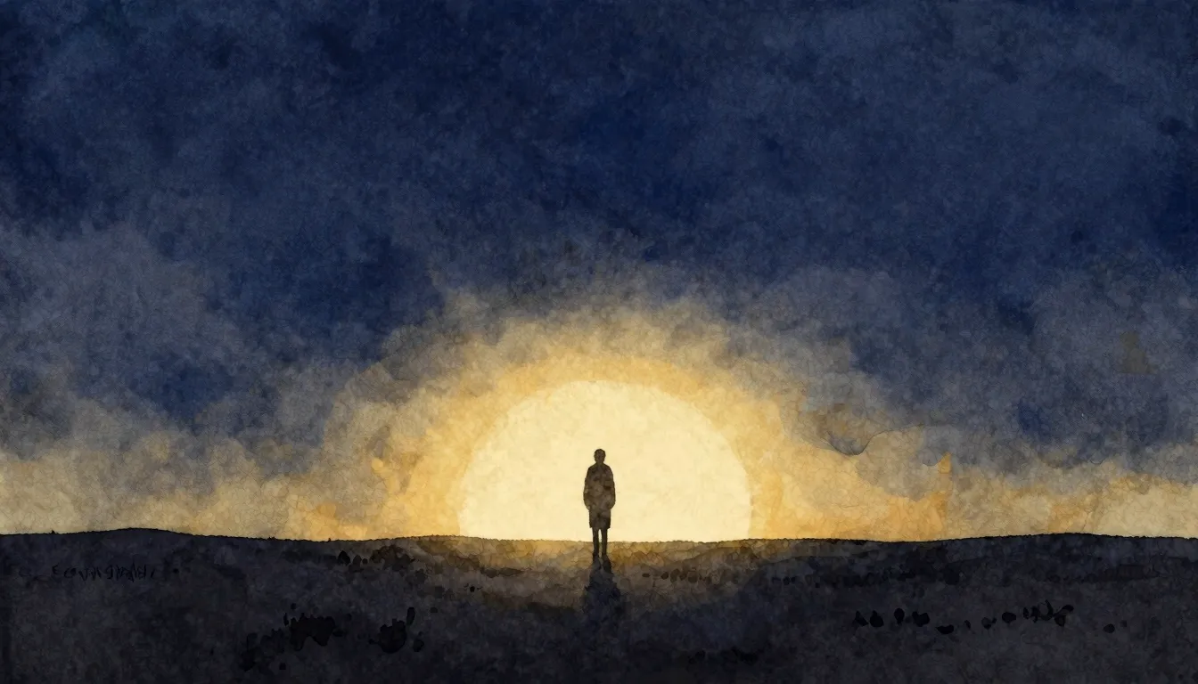 Watercolor style. A dark landscape with a single silhouette ...