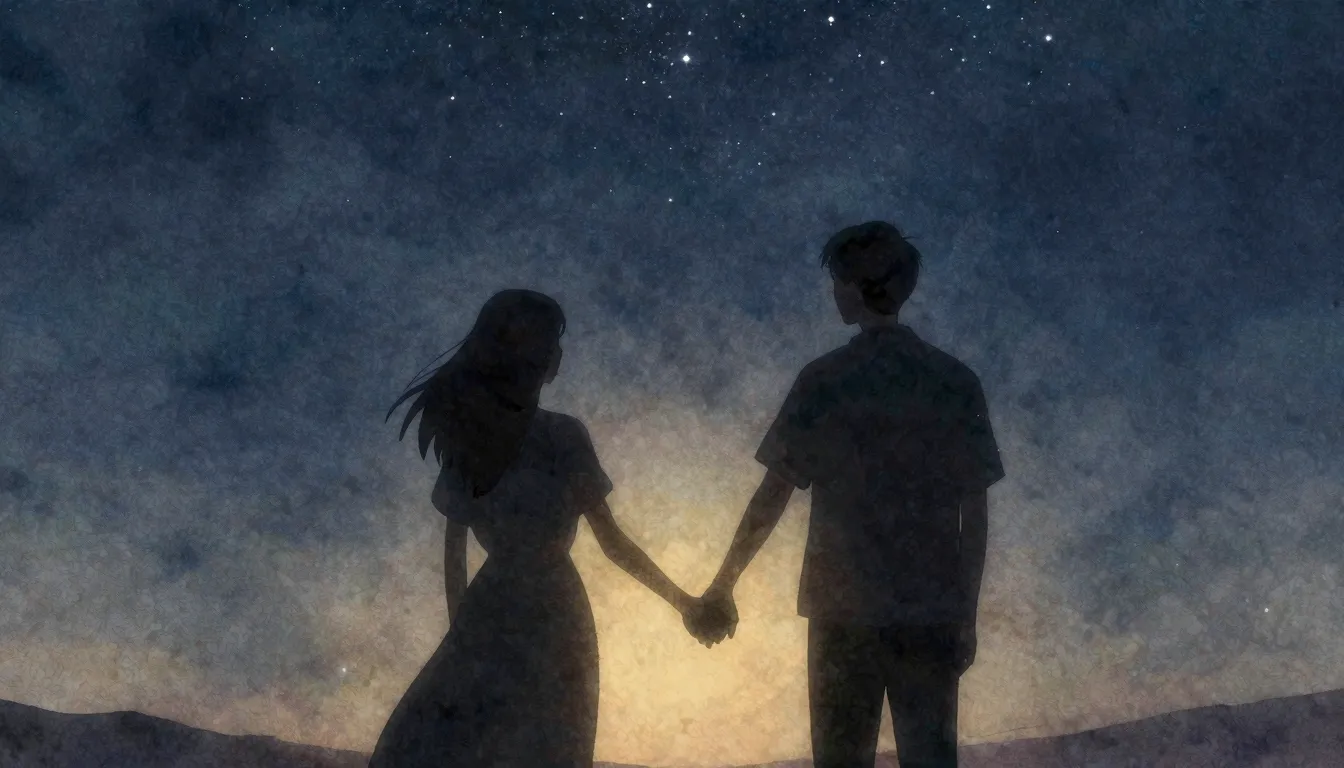 Watercolor style. Two dark silhouettes holding hands under a...