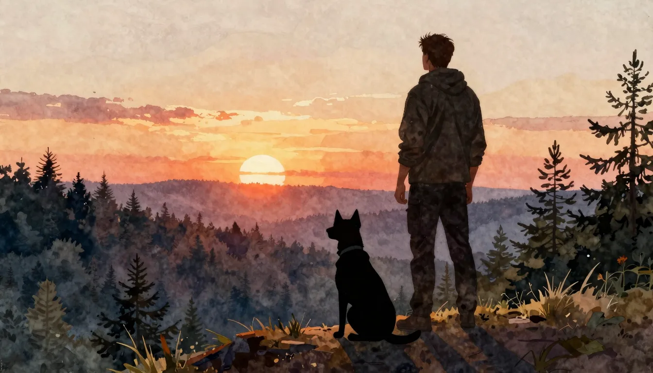 Watercolor style. A silhouette of a man standing on a hill a...