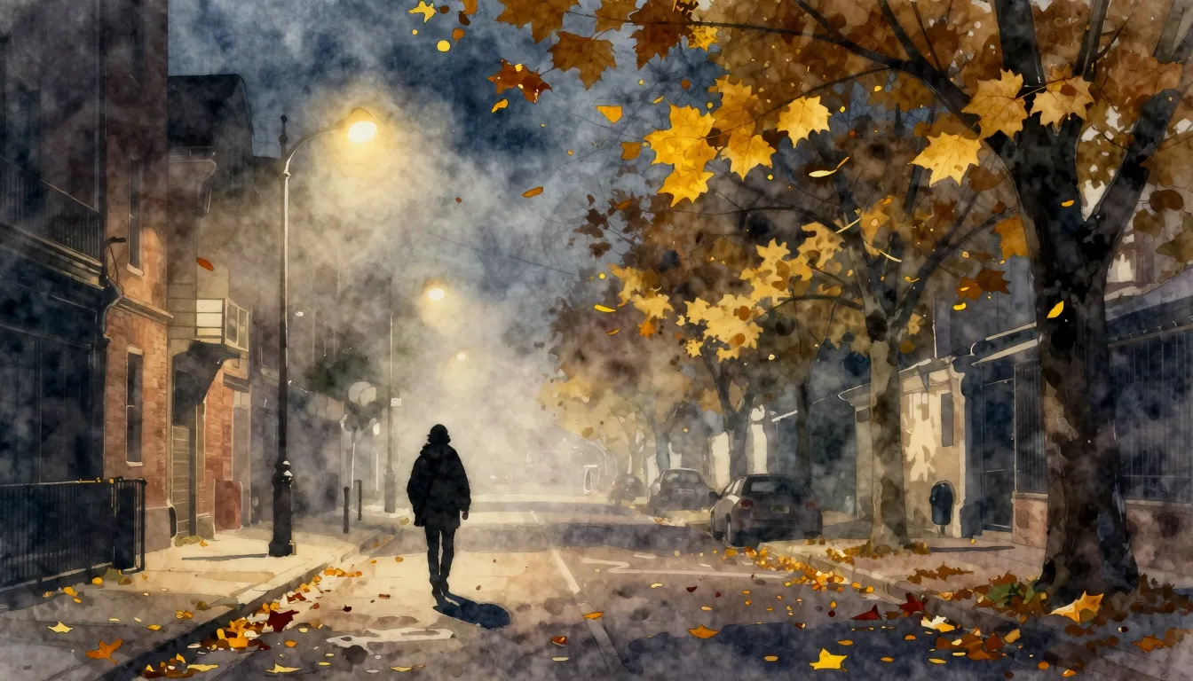 Watercolor style. Autumn city street, falling yellow leaves,...