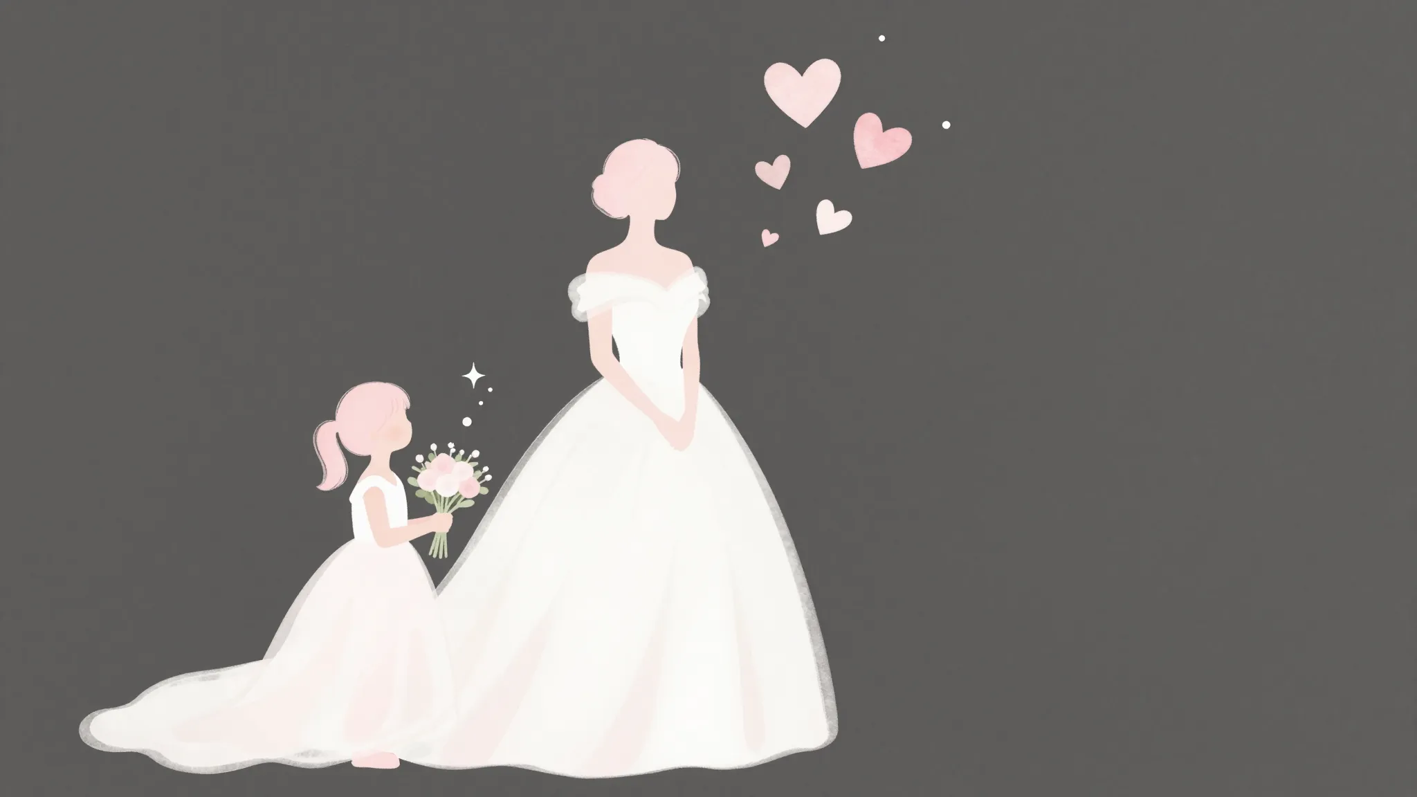 Watercolor style. Silhouette of a tall bride and a small gir...