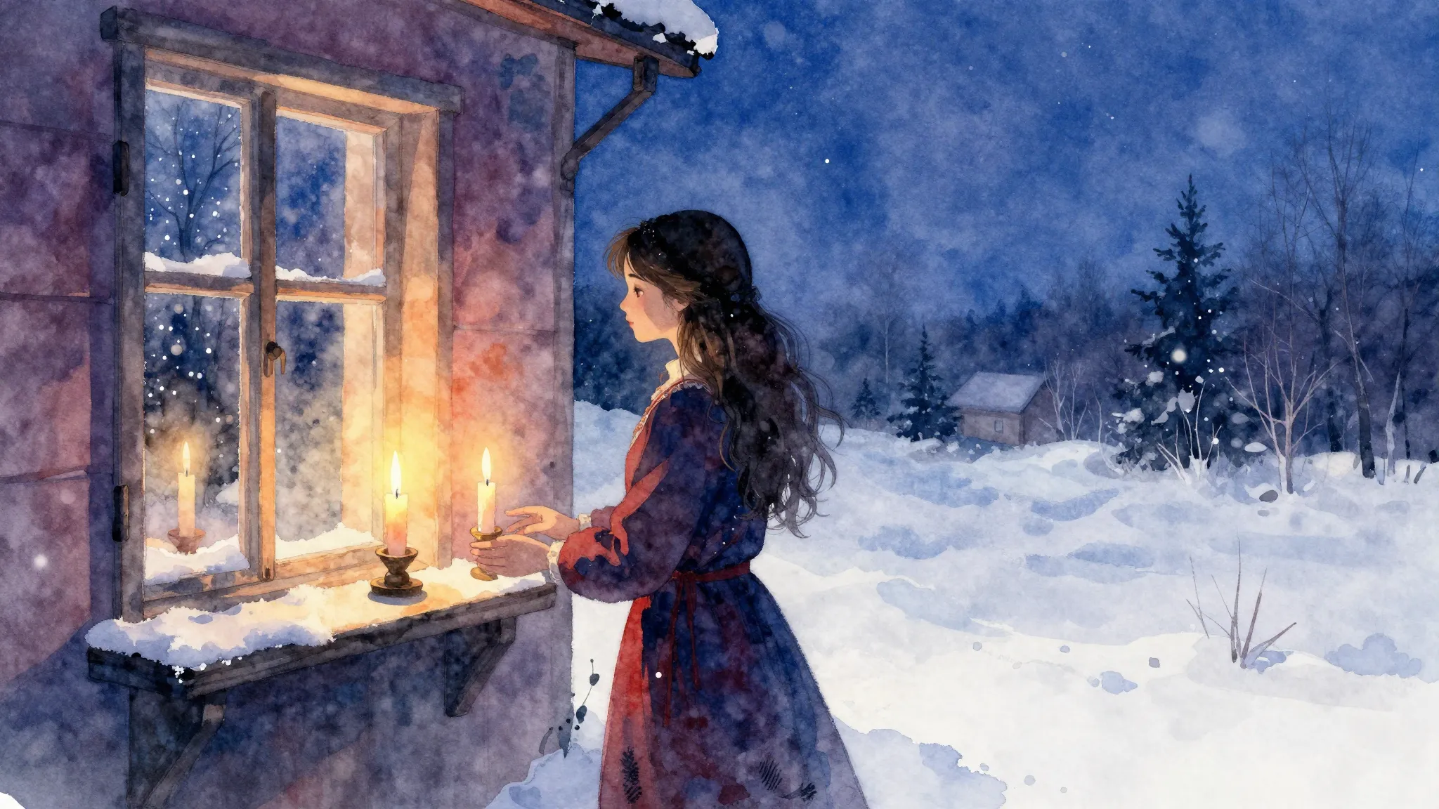 Vibrant watercolor style. Folk song cover art: Young woman's...