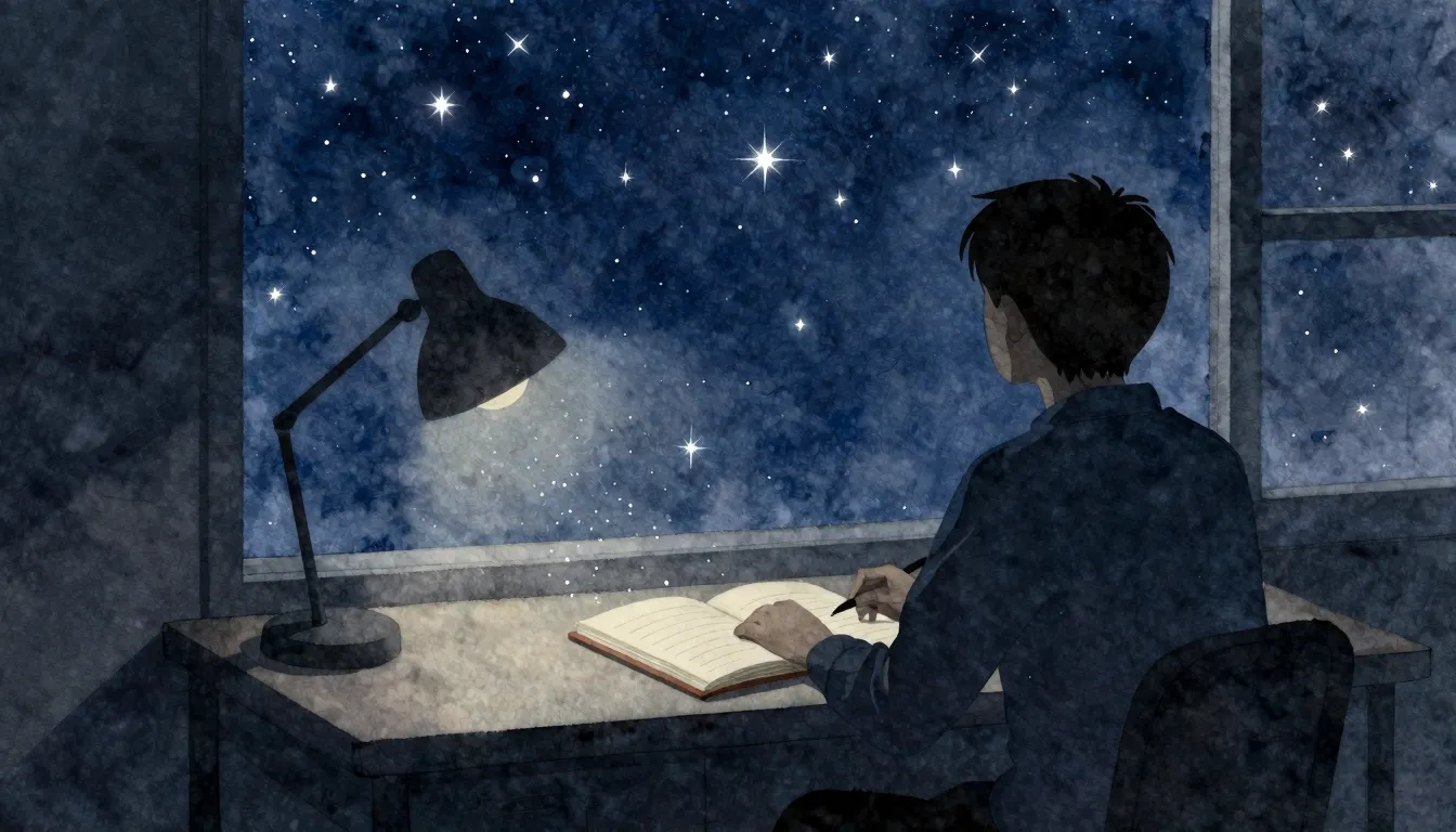 Watercolor style. A silhouette of a person sitting at a desk...