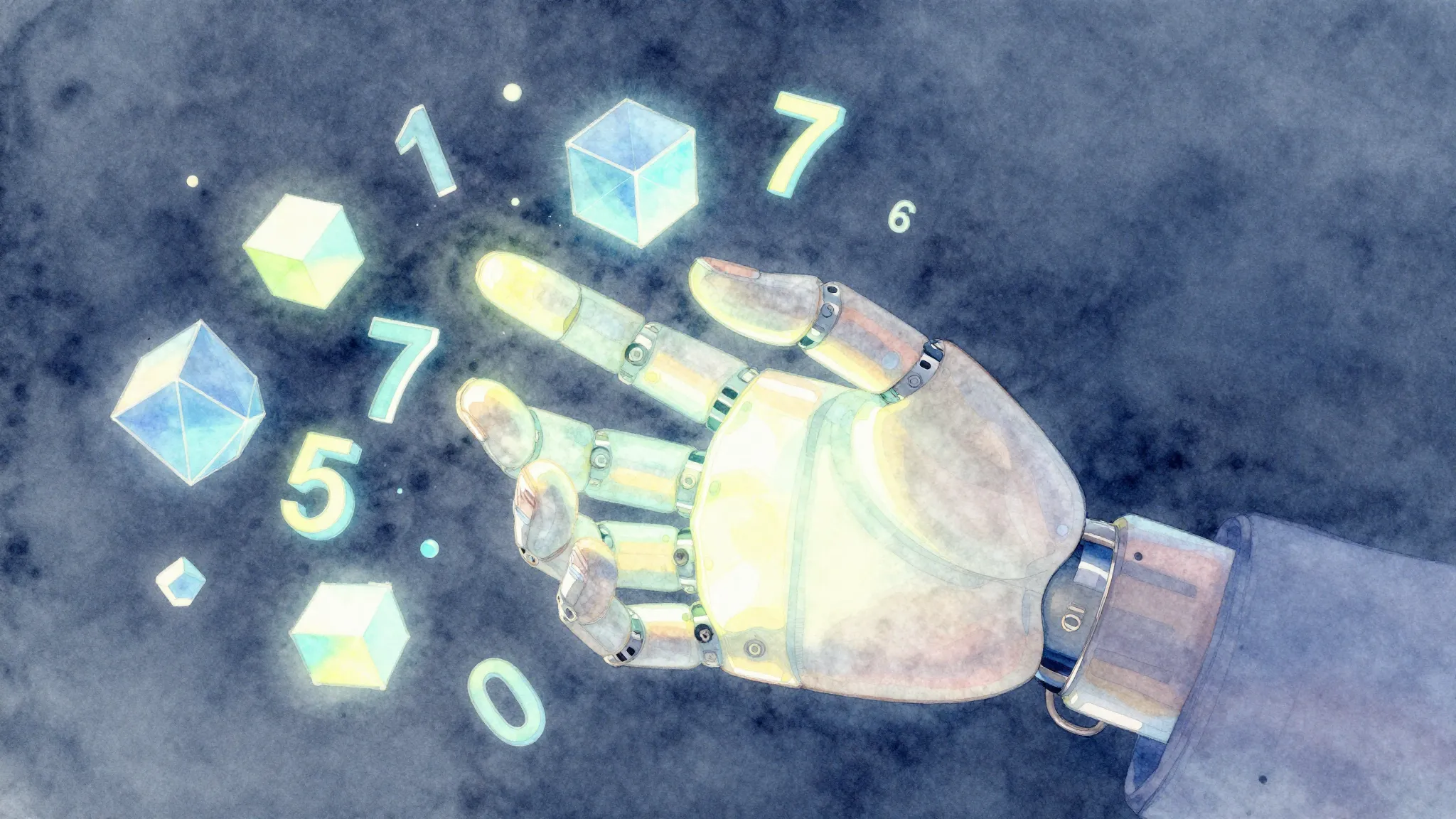 Watercolor style. A glowing digital puppet master's hand mad...