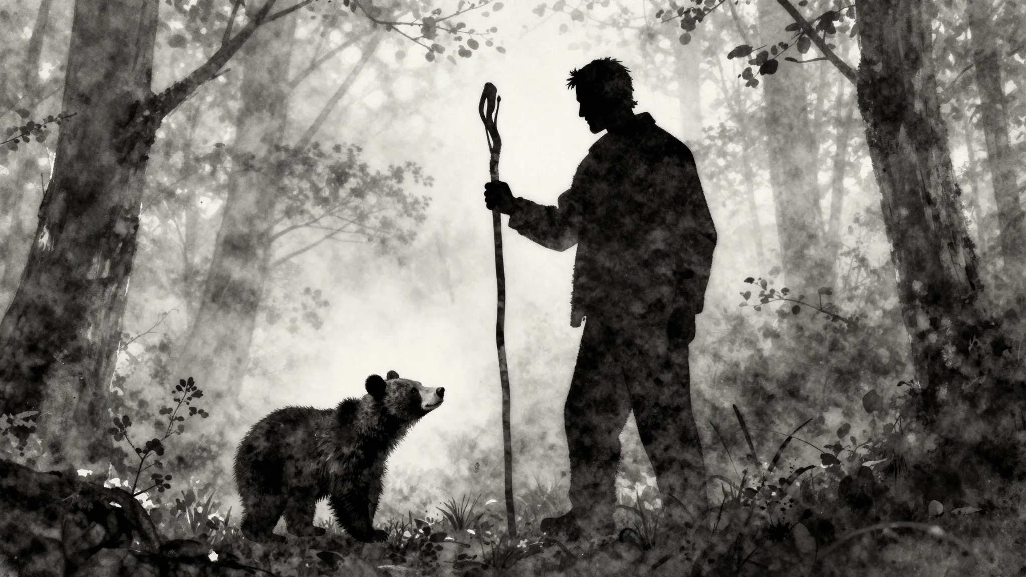 Watercolor style. Silhouette of a small bear cub and a tall ...