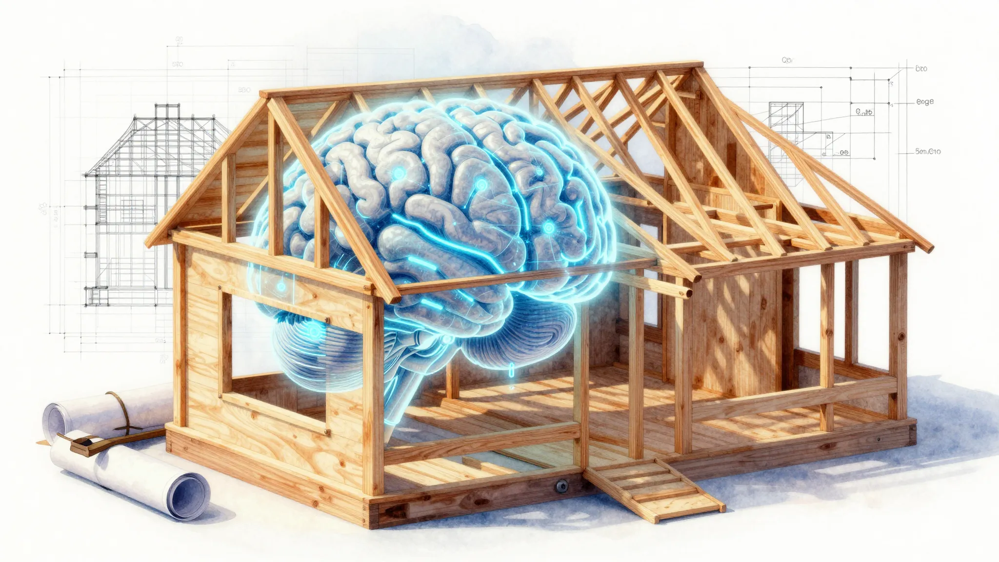 Watercolor style. A glowing digital brain connected to a woo...