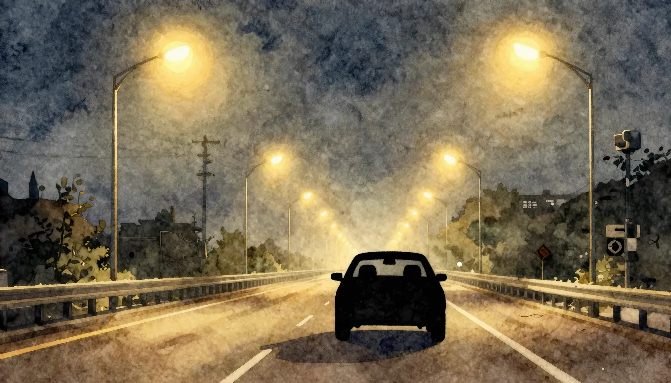 Watercolor style. A silhouette of a car driving on a night h...