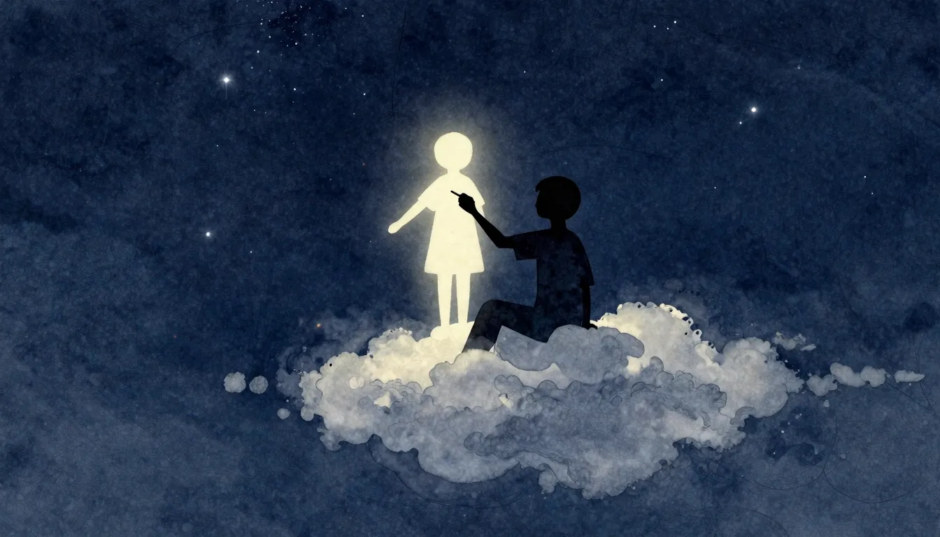 Watercolor style. A dark silhouette of a person sitting on a...