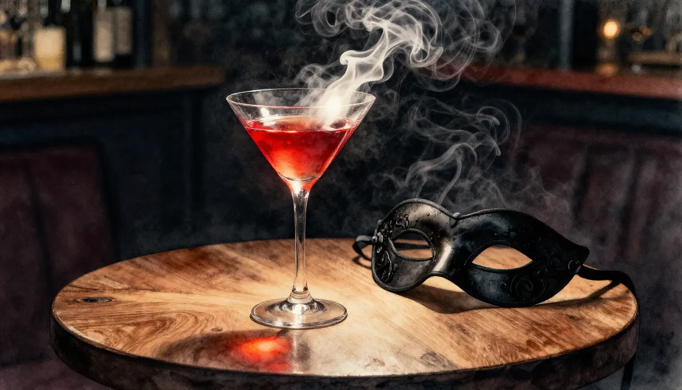 Watercolor style. Cinematic noir atmosphere, a round wooden ...