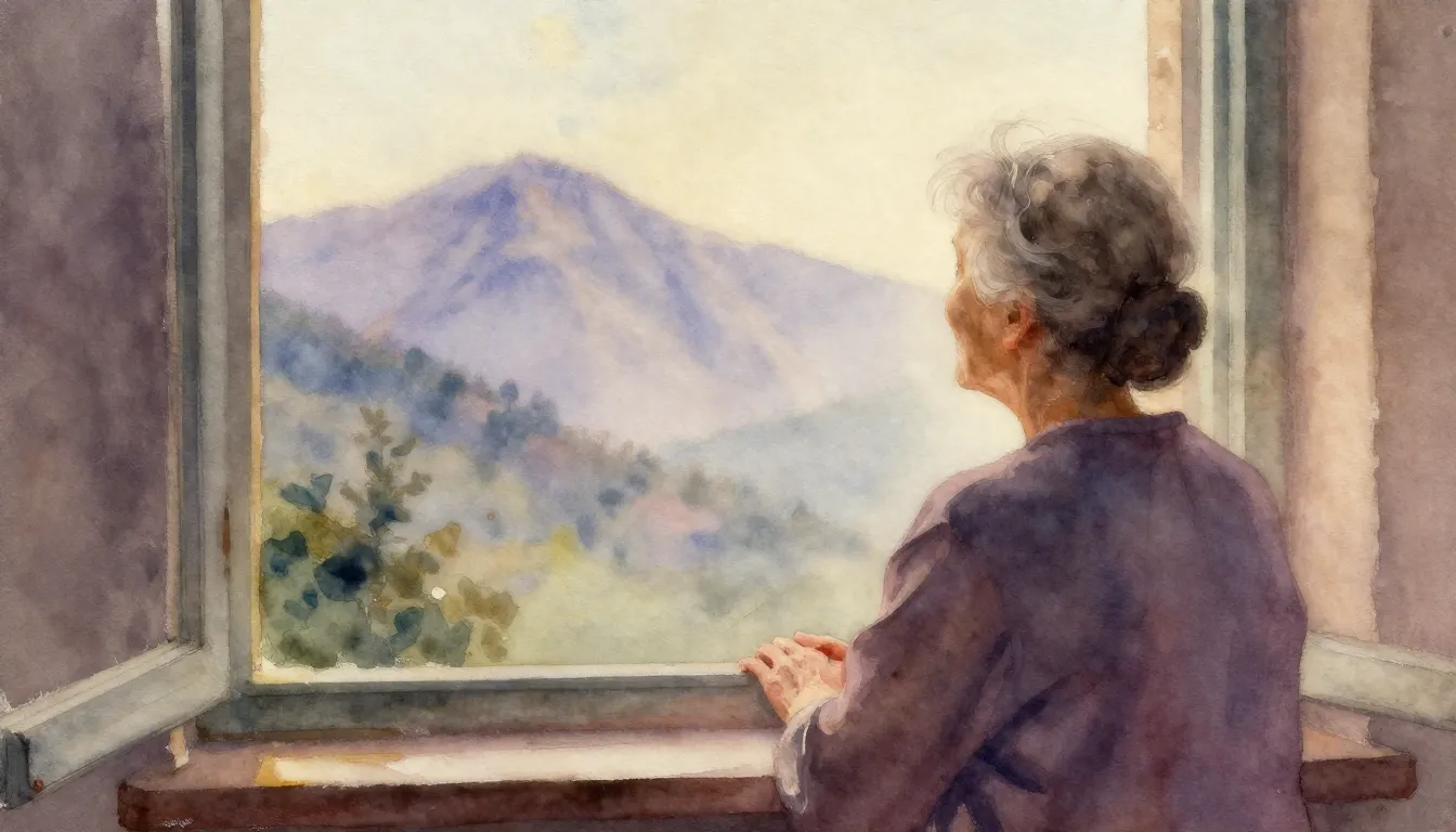 Watercolor style. A gentle silhouette of an elderly woman lo...
